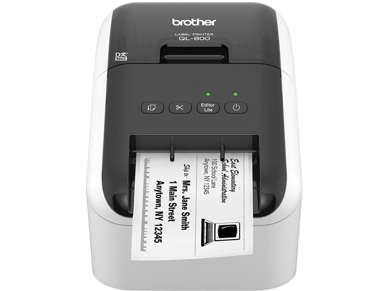 Brother label printer with a label on a white background