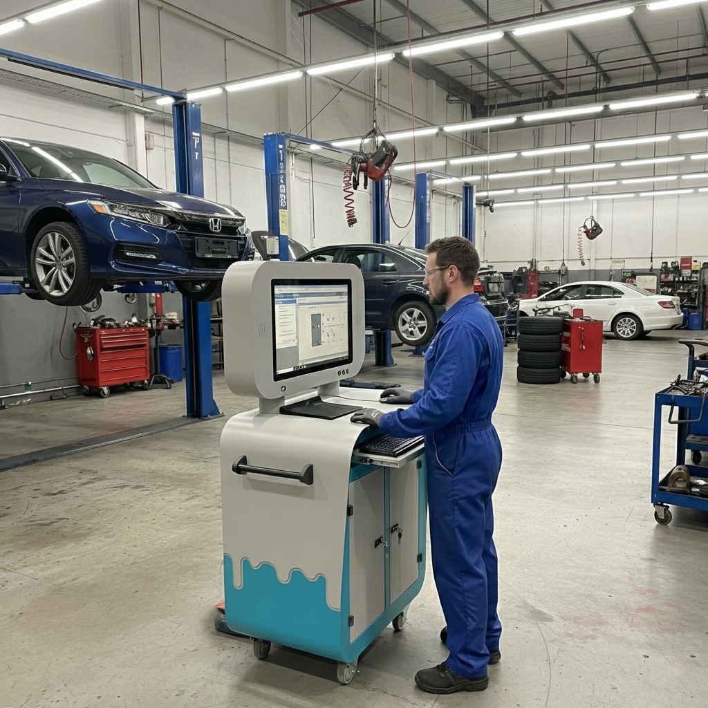Mechanic working on a car in a garage and doing diagnostics on the Vaelton Mobile Workstation. 