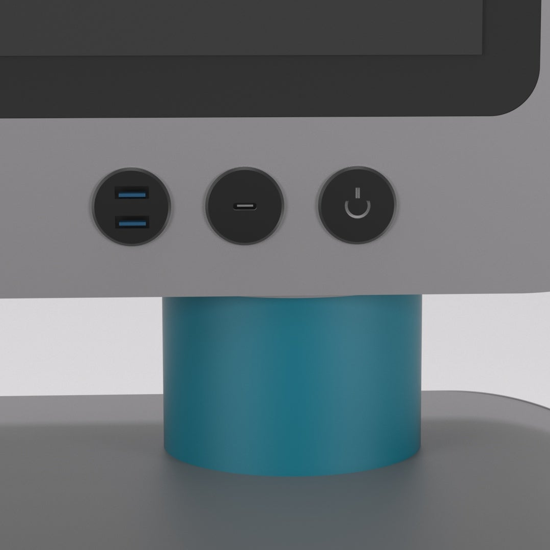 Close-up of the monitor of a Vaelton mobile workstation with USB-A ports, a USB-C port, and a power button on a white background.