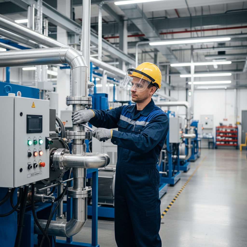Worker in a factory setting adjusting equipment with protective gear