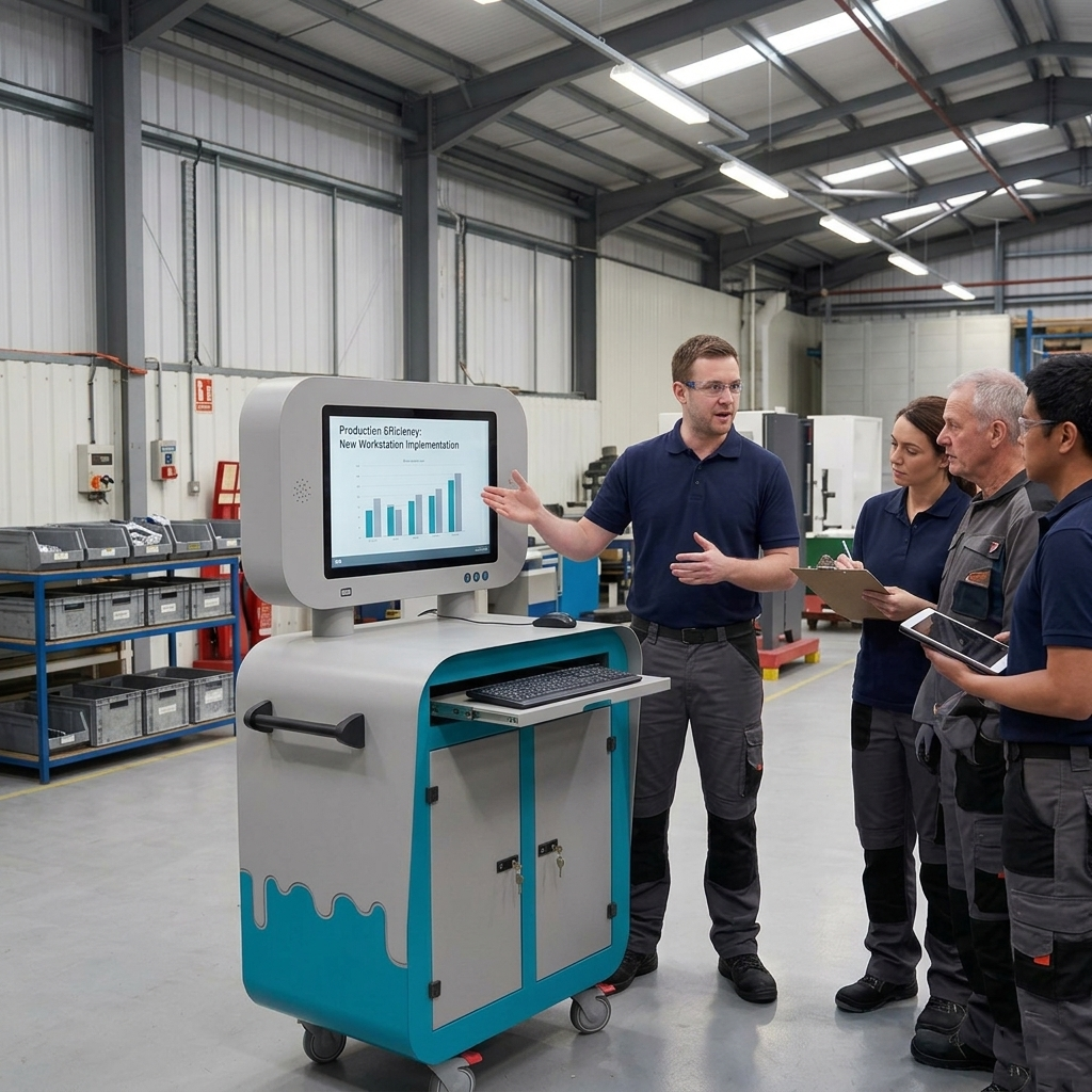 Person explaining a graph on the Vaelton Mobile Workstation to three other people in an industrial setting.