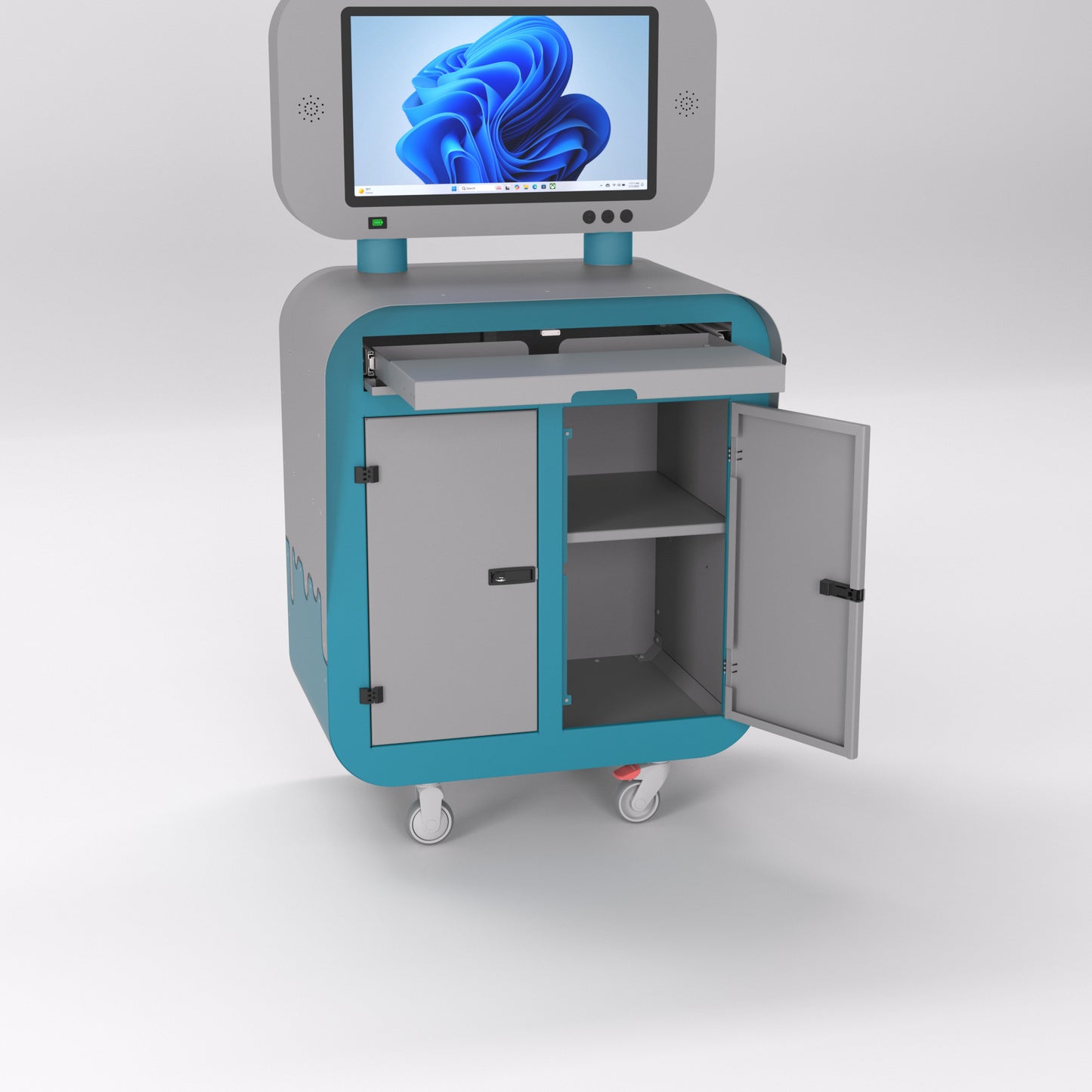 Blue and gray Vaelton mobile workstation with an open storage compartment and screen against a white background