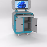 Blue and gray Vaelton mobile workstation with an open storage compartment and screen against a white background
