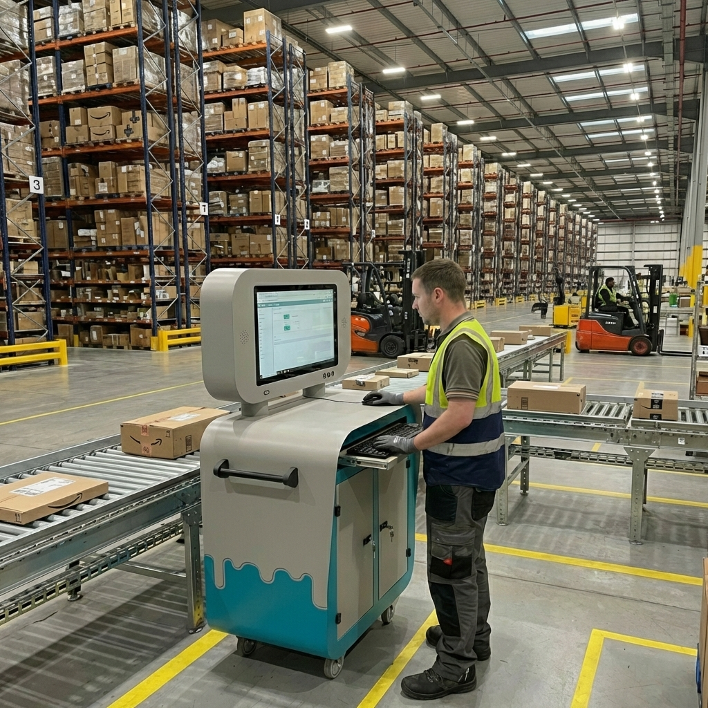 Worker using the Vaelton Mobile Workstation in a warehouse setting with shelves and forklifts in the background.