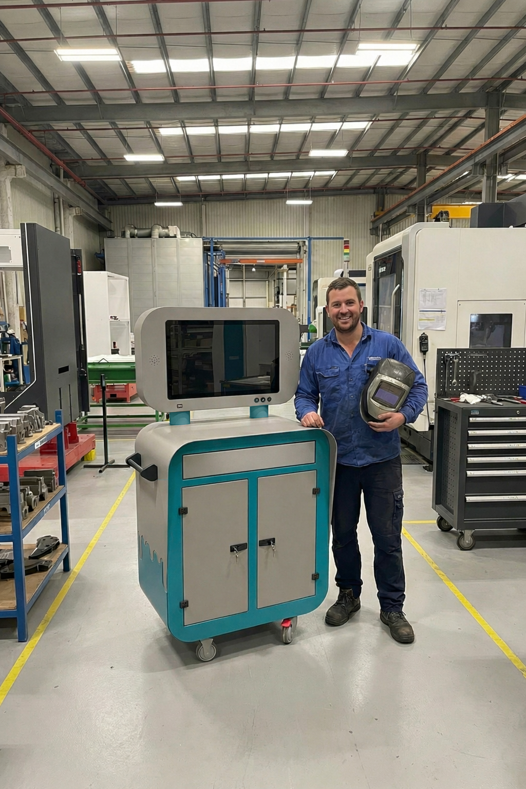 Man holding a welding helmet next to the Vaelton Mobile Workstation Terminal in a factory setting.