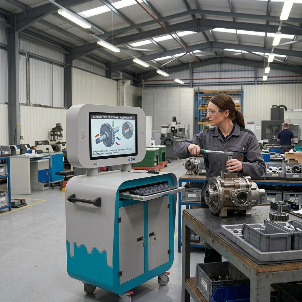 Person doing assembly while using the Vaelton Mobile Workstation in a factory setting with the screen displaying technical information.